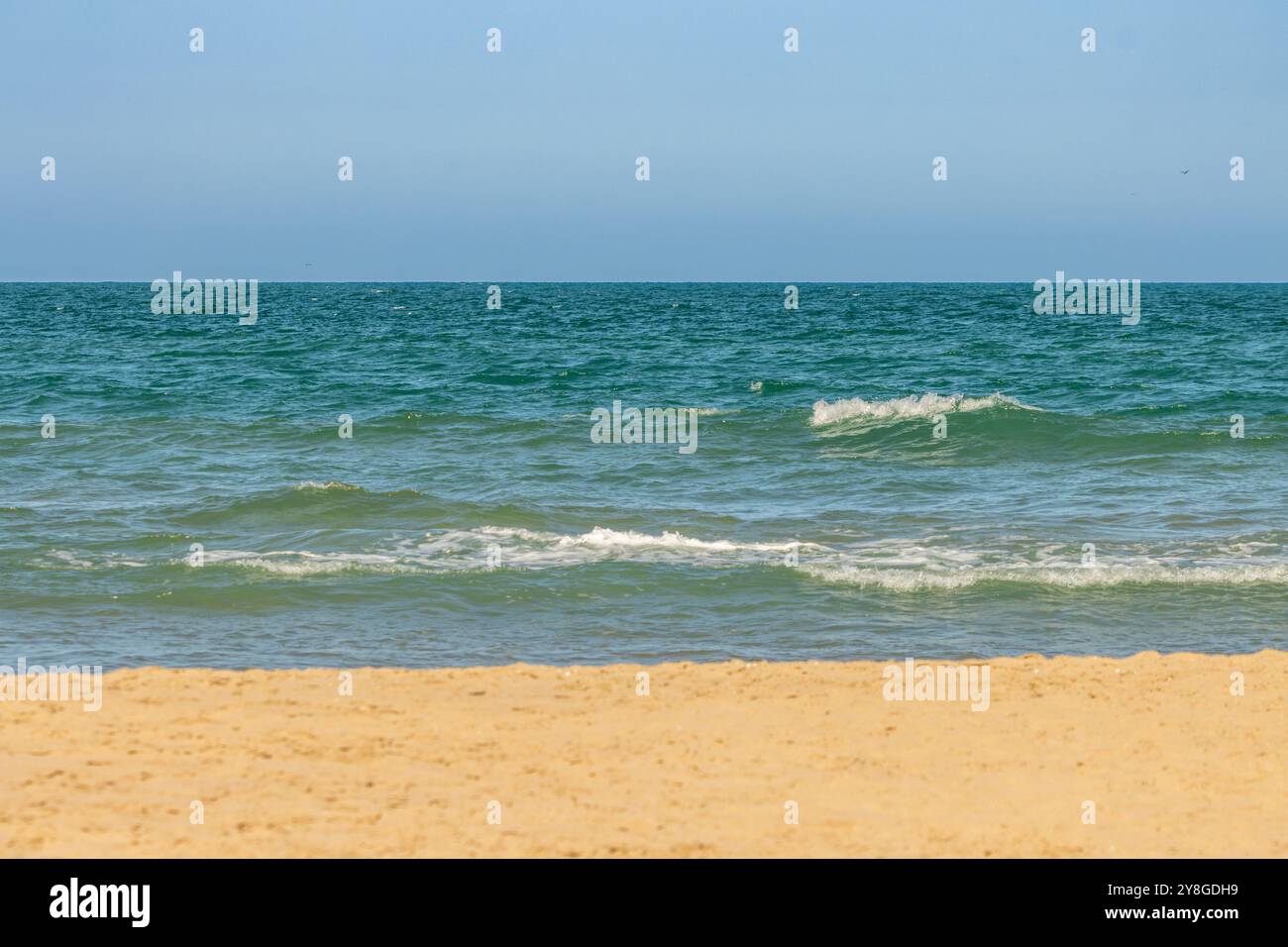 Questa immagine mostra una tranquilla scena di spiaggia con la costa in primo piano, le onde dolci nel mezzo e un cielo azzurro. Foto Stock