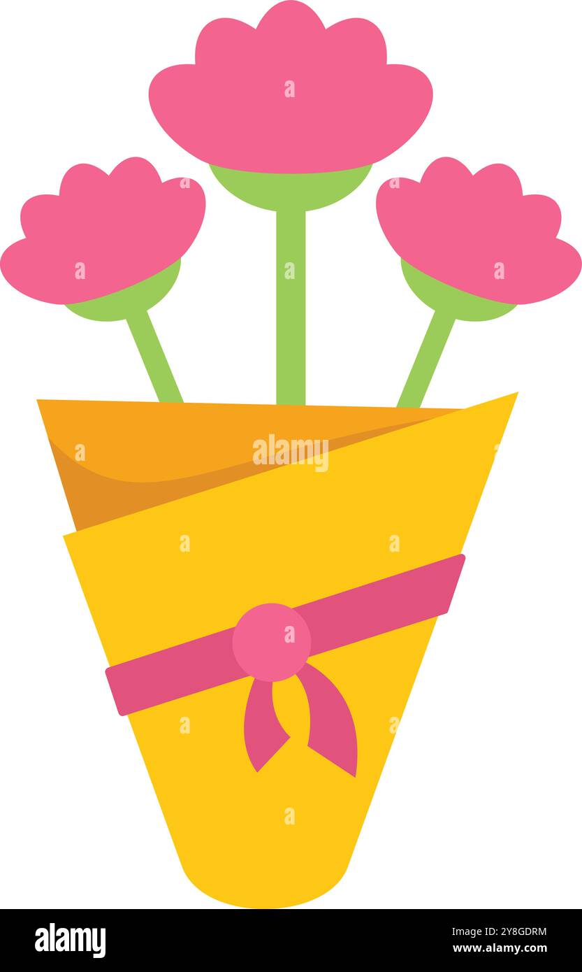 Semplice bouquet di garofani rosa avvolti in carta gialla e legati con un nastro rosa Illustrazione Vettoriale
