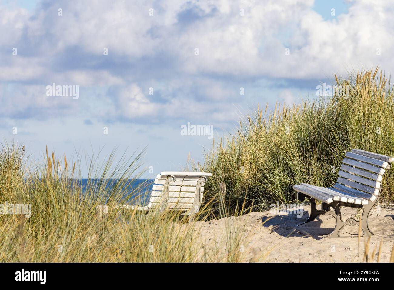 5 ottobre 2024, Meckenburg-Pomerania Occidentale, Graal-Müritz: Due panchine si trovano in un punto di accesso alla spiaggia del Mar Baltico nelle giornate autunnali. La domenica le temperature raggiungono i 15 gradi Celsius. Rimane soleggiato e asciutto. La probabilità di precipitazioni aumenta solo nella prossima settimana. Foto: Frank Hammerschmidt/dpa Foto Stock