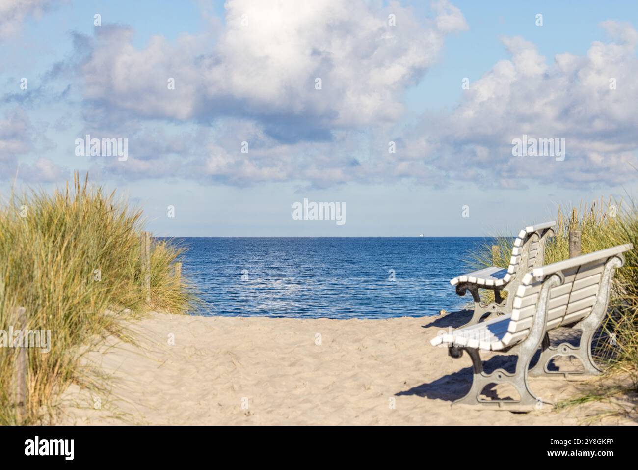 5 ottobre 2024, Meckenburg-Pomerania Occidentale, Graal-Müritz: Due panchine si trovano in un punto di accesso alla spiaggia del Mar Baltico nelle giornate autunnali. La domenica le temperature raggiungono i 15 gradi Celsius. Rimane soleggiato e asciutto. La probabilità di precipitazioni aumenta solo nella prossima settimana. Foto: Frank Hammerschmidt/dpa Foto Stock