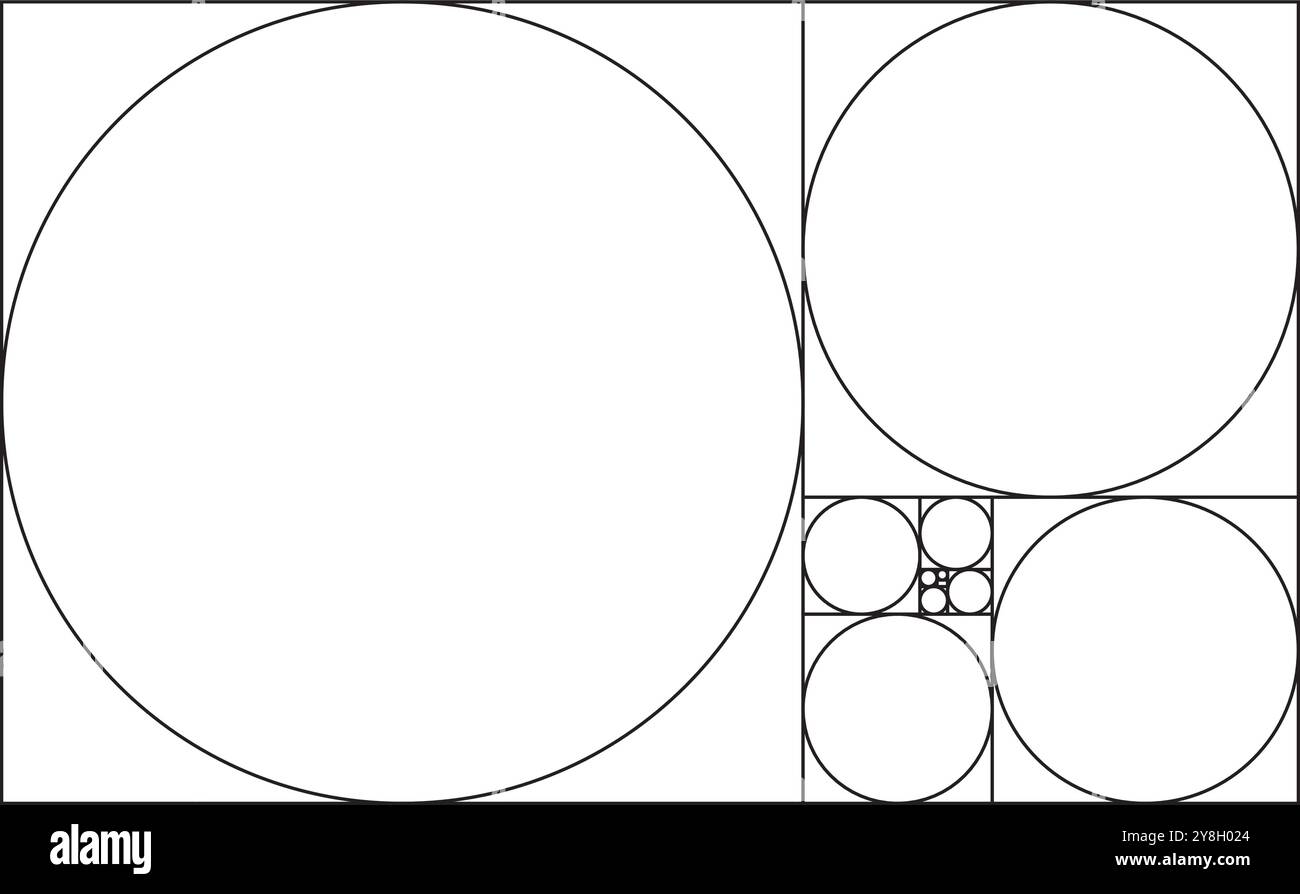 Grafico del rapporto dorato dei cerchi. Un grafico di cerchi di rapporto d'oro che seguono la sequenza di fibonacci e sono la chiave per la progettazione astetica. Illustrazione Vettoriale