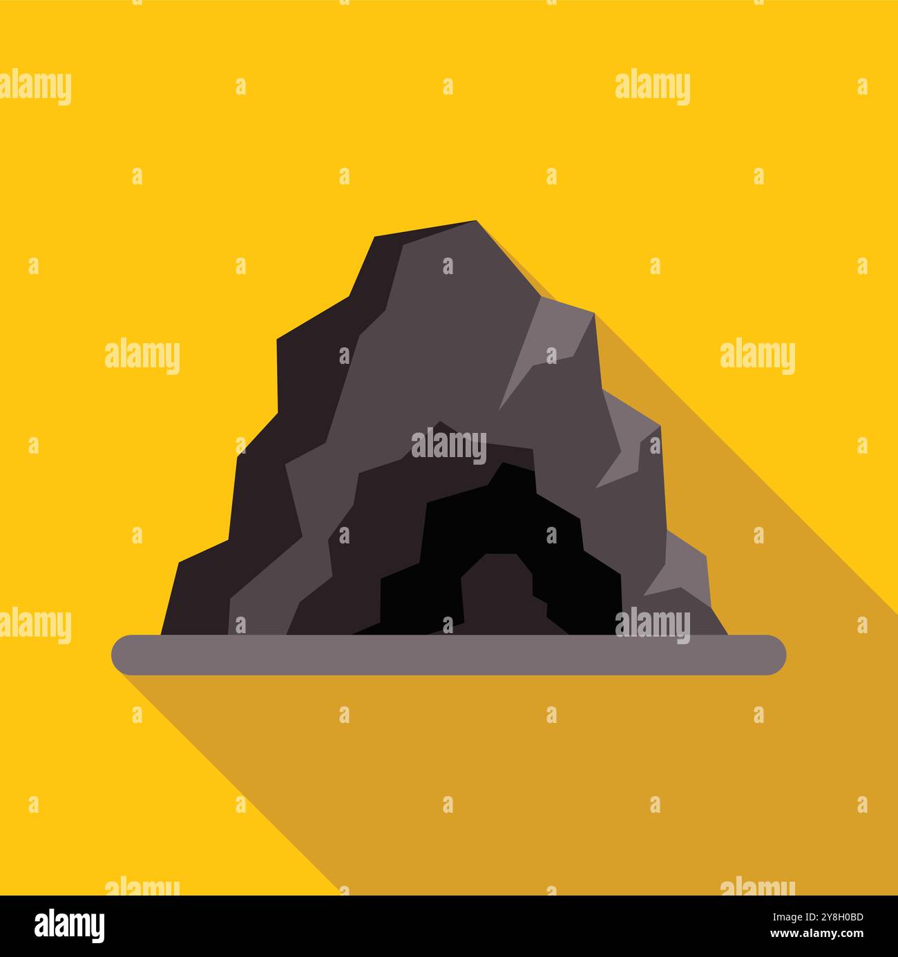 Entrata scura nella grotta circondata da un'icona di design piatto di rocce su sfondo giallo con una lunga ombra Illustrazione Vettoriale