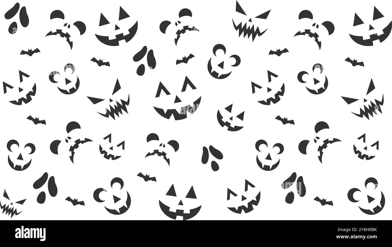 Jack-o-Lantern Face Pattern rapporto 16:9. Uno sfondo inquietante e carino a tema Halloween composto da facce di zucca jack-o-lanterna! Adatta a un'immagine in formato 16:9 Illustrazione Vettoriale