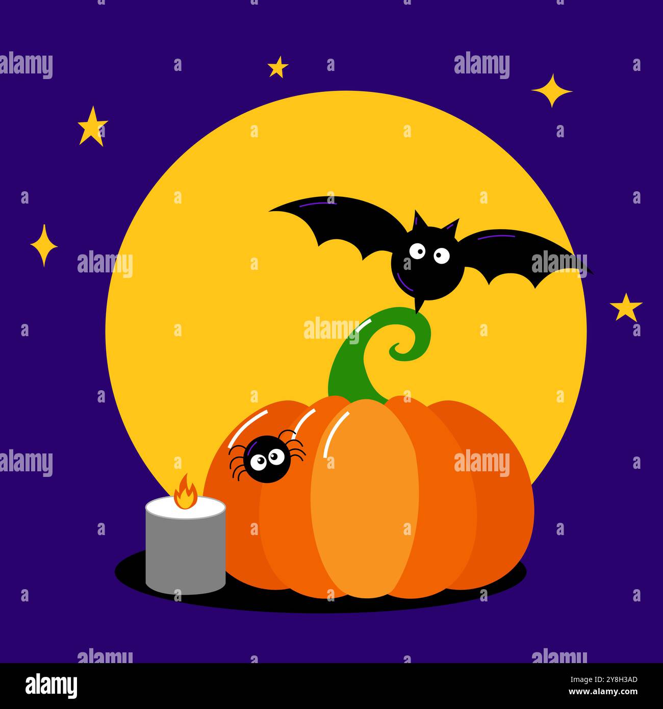 Illustrazione di Halloween con zucca, luna piena, pipistrello, ragno, composizione di candele e tipografia felice di halloween. illustrazione vettoriale Illustrazione Vettoriale