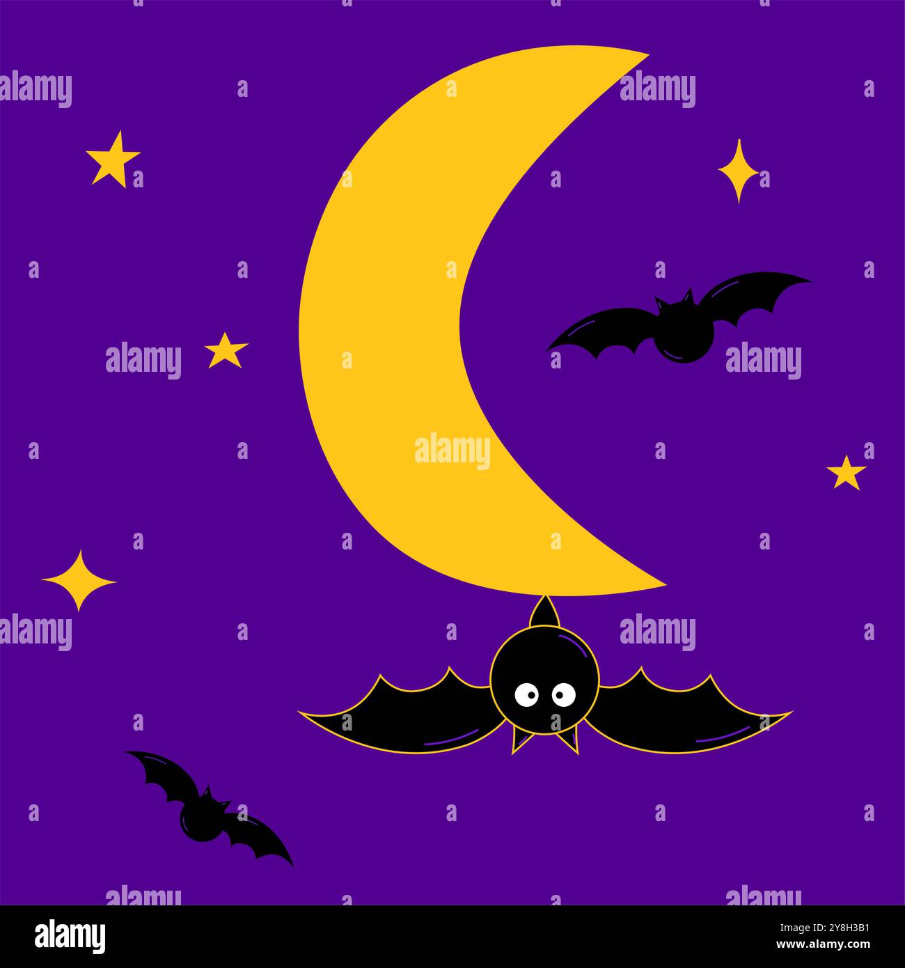 pipistrelli che volano attraverso la luna piena nella notte di halloween composizione magica biglietti d'auguri lontani tipografia Illustrazione Vettoriale