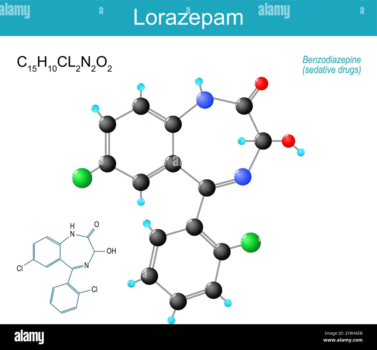 molecola di lorazepam. formula chimica molecolare strutturale e modello di farmaco benzodiazepina per il trattamento dell'ansia e problemi di sonno. Immagine vettoriale Illustrazione Vettoriale