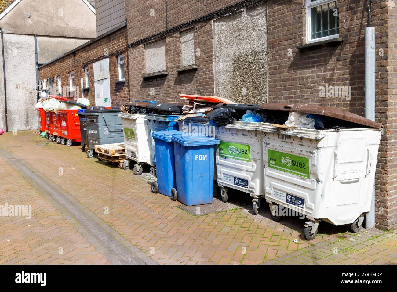 Contenitori per lo stoccaggio dei rifiuti di proprietà commerciali, Abergavenny, Galles, Regno Unito Foto Stock
