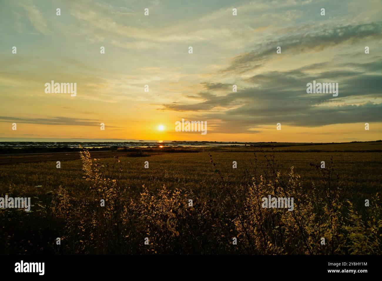 Tramonto sulle colline della penisola del Sinis, Oristano, Sardegna, Italia Foto Stock