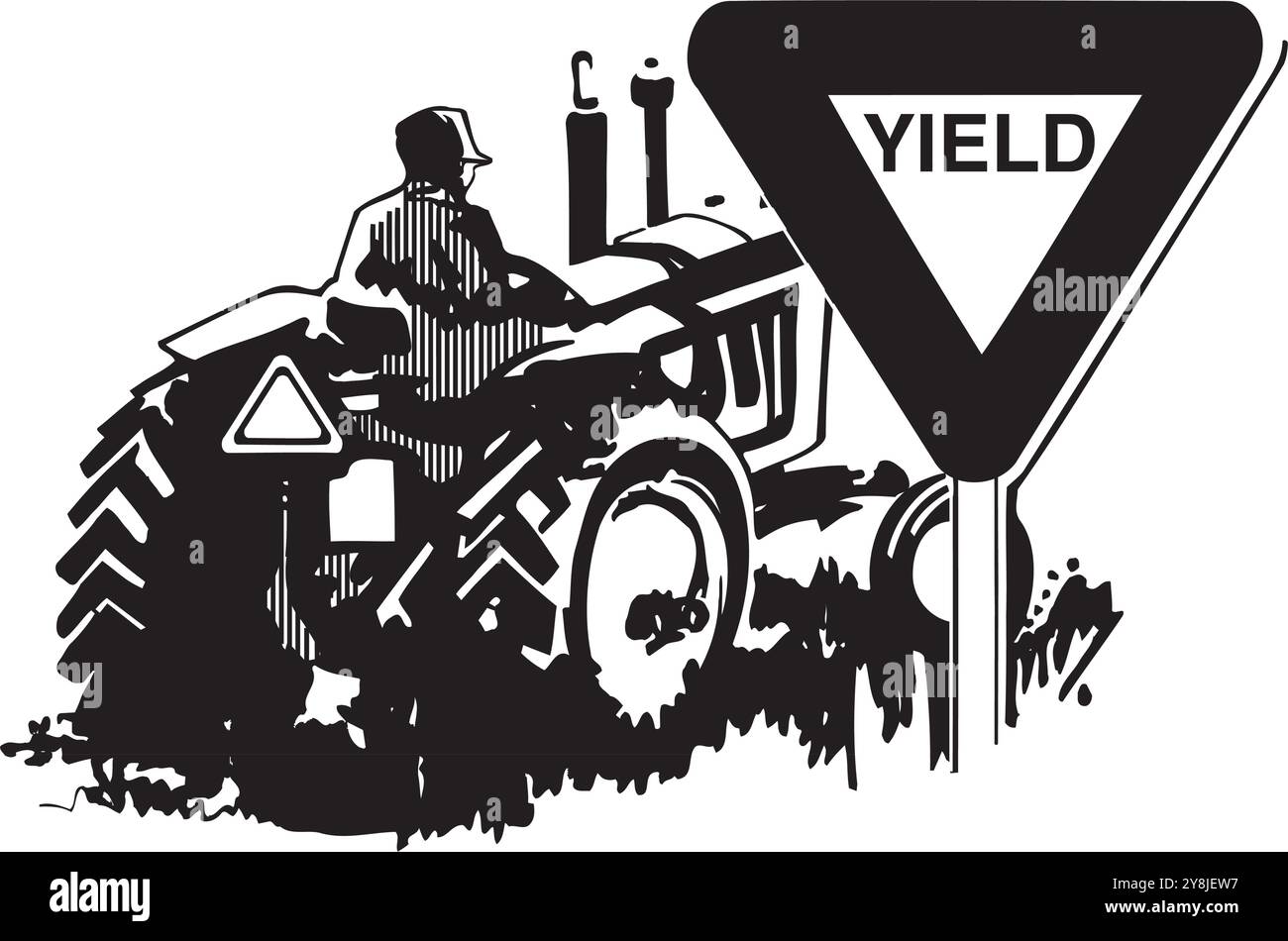 Disegnato a mano di un trattore agricolo isolato sul bianco. Macchine agricole pesanti per lavori sul campo. Vista laterale del trattore moderno Illustrazione Vettoriale