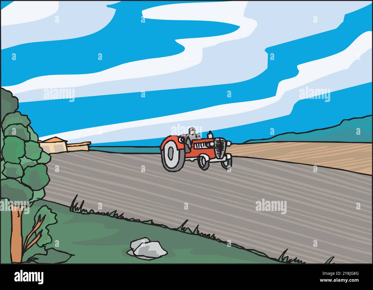 Disegnato a mano di un trattore agricolo isolato sul bianco. Macchine agricole pesanti per lavori sul campo. Vista laterale del trattore moderno Illustrazione Vettoriale
