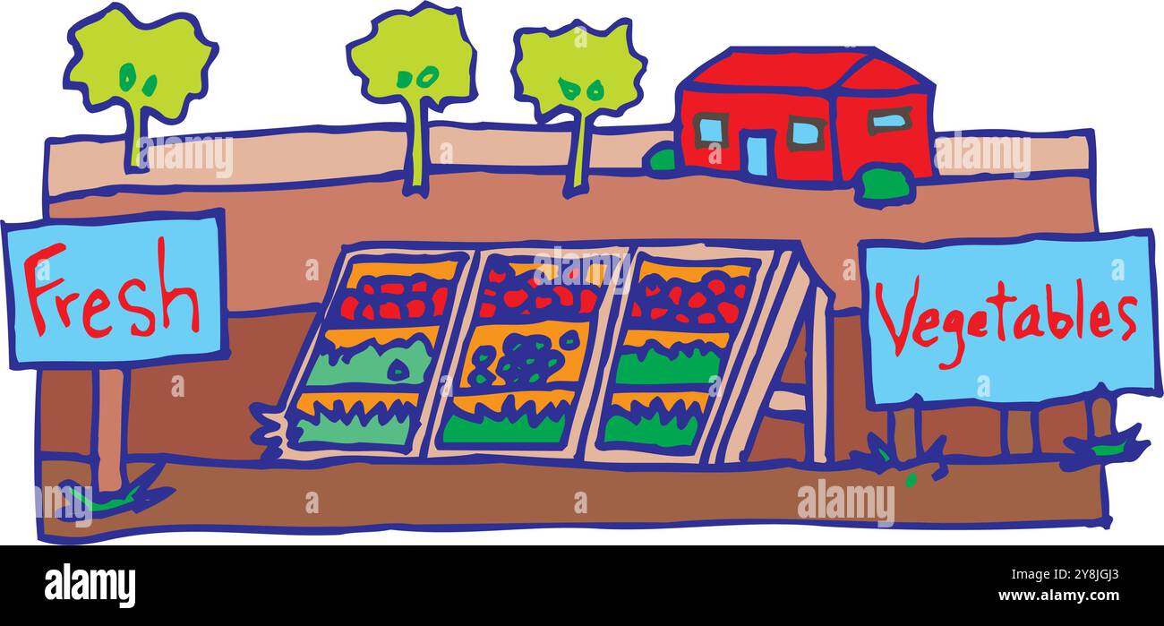 Mercato locale di frutta e verdura. Buon agricoltore. Illustrazione piatta vettoriale Illustrazione Vettoriale