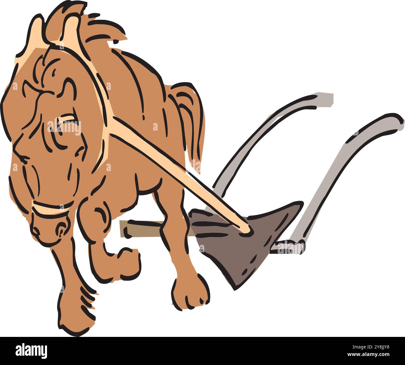 Primo piano penna a inchiostro nero disegnata a mano grande cavallo taglio manuale dispositivo in legno per lavori di semina. Primo piano: Icona con logo di lavoro con lama in metallo arrugginito, segnaletica storica anc Illustrazione Vettoriale