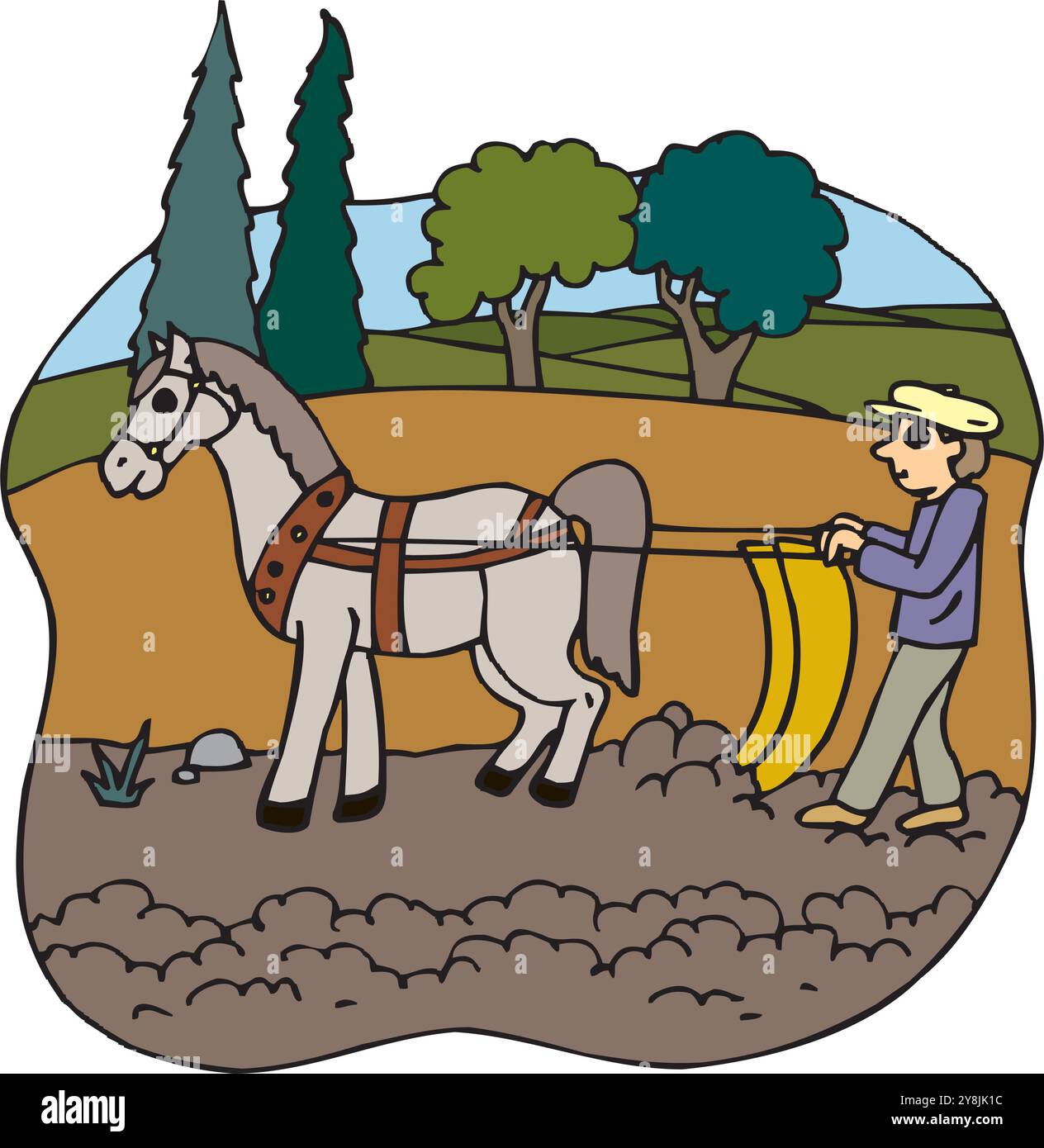 Primo piano penna a inchiostro nero disegnata a mano grande cavallo taglio manuale dispositivo in legno per lavori di semina. Primo piano: Icona con logo di lavoro con lama in metallo arrugginito, segnaletica storica anc Illustrazione Vettoriale