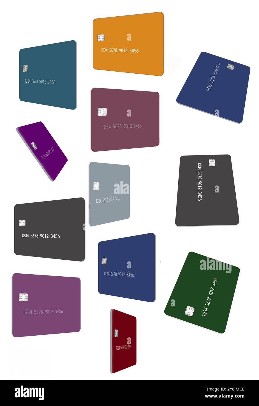 Le carte di credito vengono viste isolate su uno sfondo bianco in un'illustrazione in 3D. Foto Stock
