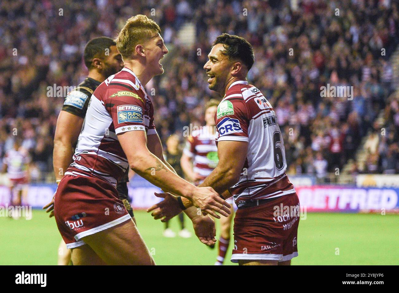 Wigan, Inghilterra - 5 novembre 2024 - Bevan French of Wigan Warriors celebra TRY. Rugby League Betfred Super League, Wigan Warriors vs Leigh Leopards al Brick Community Stadium, Wigan, UK Dean Williams Foto Stock