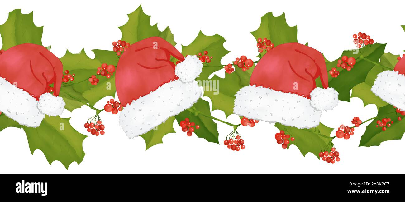 Bordo senza cuciture con cappelli rossi con pelliccia bianca, foglie di agrifoglio e bacche di viburno rosso, illustrazione digitale ad acquerello per la stampa e il Web Foto Stock