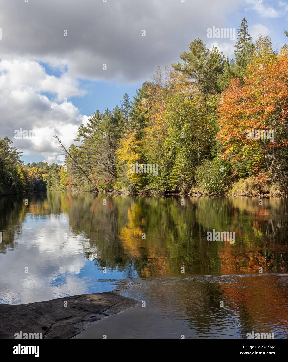 Alberi colorati che si riflettono nel fiume Muskoka in Ontario in autunno Foto Stock