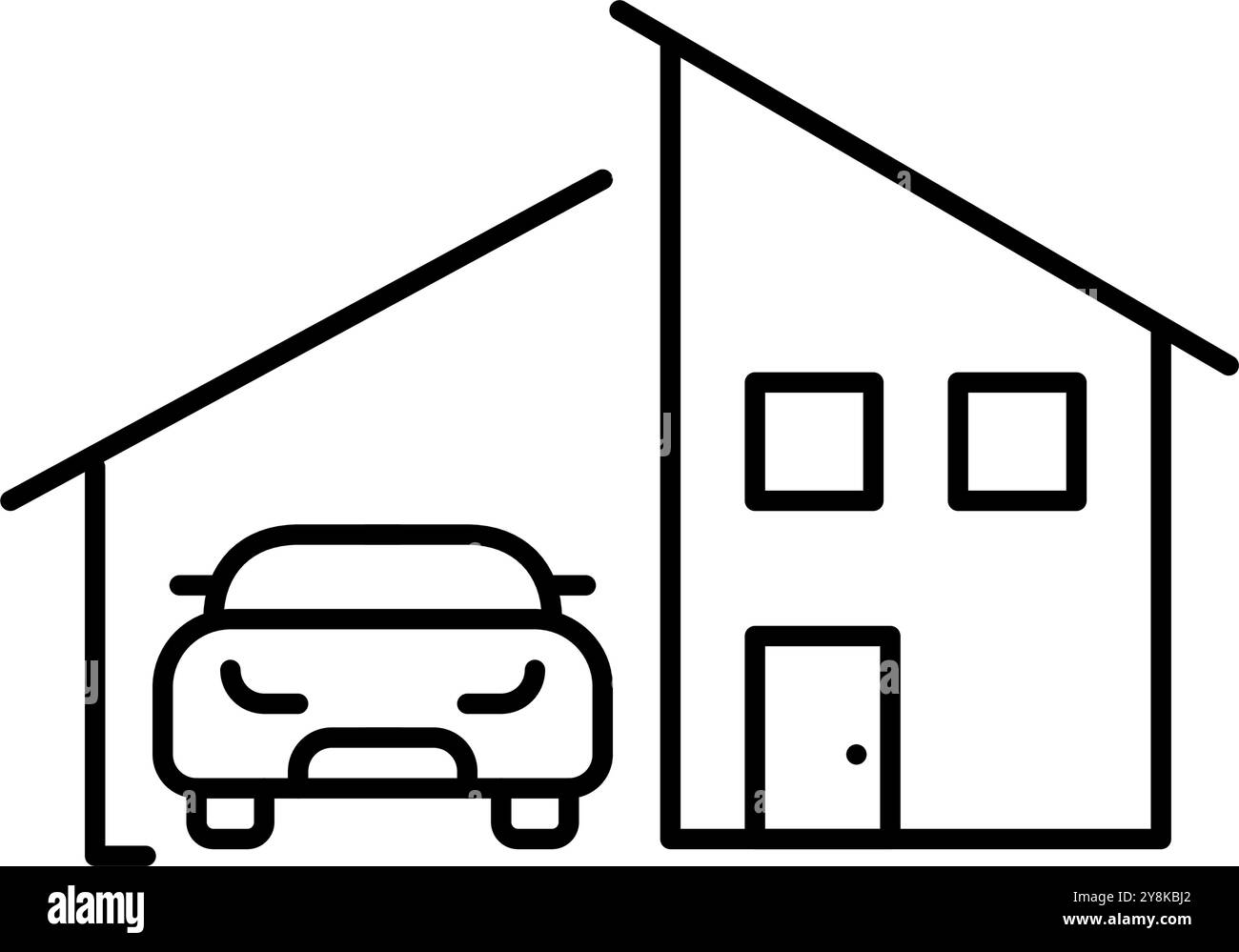 Villa moderna con auto in garage. Soggiorno periferico, residenza con accesso ai veicoli. Alloggiamento confortevole. Immobili, tipi di proprietà. Pixel perfetti Illustrazione Vettoriale