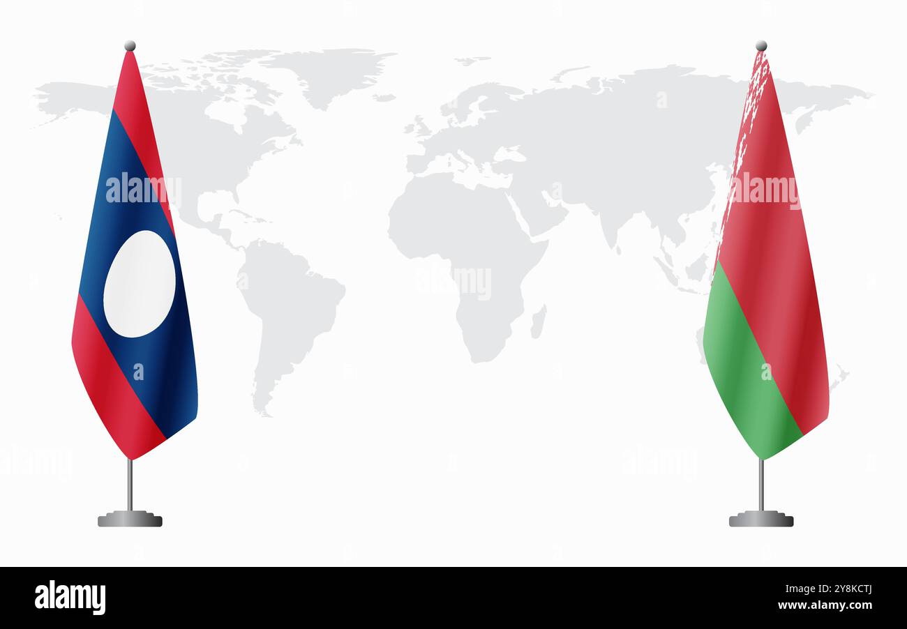 Bandiere del Laos e della Bielorussia per riunioni ufficiali sullo sfondo della mappa mondiale. Illustrazione Vettoriale