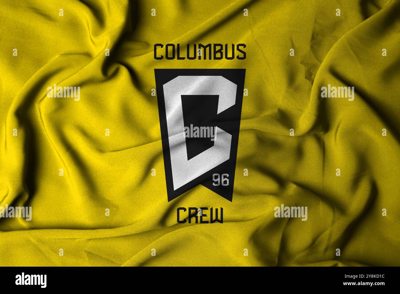 Pringsewu, Lampung; 7 ottobre 2024; texture del logo della bandiera messa a fuoco selettiva sfondo della squadra di calcio COLUMBUS CREW DI MLS, illustrazione 3D. Foto Stock
