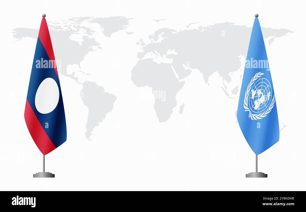 Bandiere del Laos e delle Nazioni Unite per l'incontro ufficiale sullo sfondo della mappa del mondo. Illustrazione Vettoriale