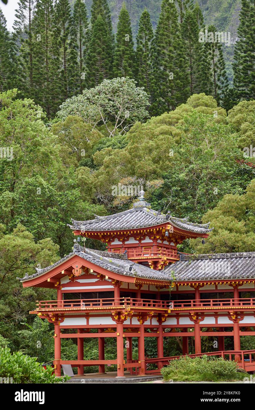 Primo piano del tempio di Byodo-in alle Hawaii Foto Stock