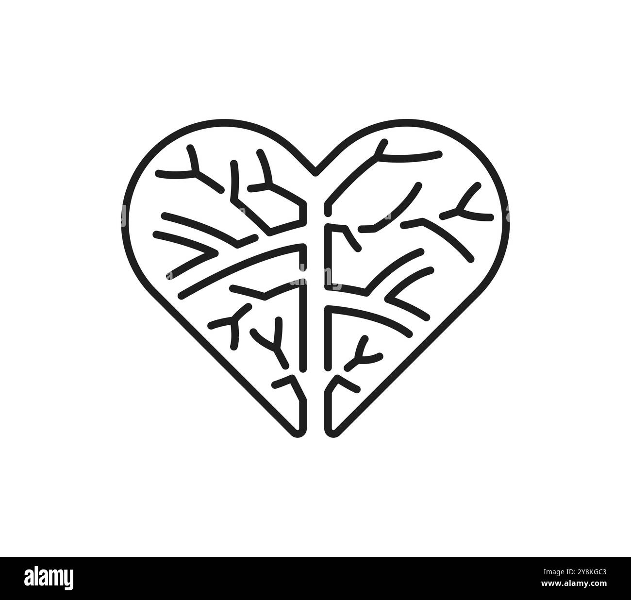 Vasi sanguigni cardiaci, icona della linea di medicina cardiologica. Cardiologia simbolo della linea sanitaria, malattia medica del sistema cardiovascolare o problema contorno icona vettoriale o pittogramma con vene del sangue cardiaco umano Illustrazione Vettoriale