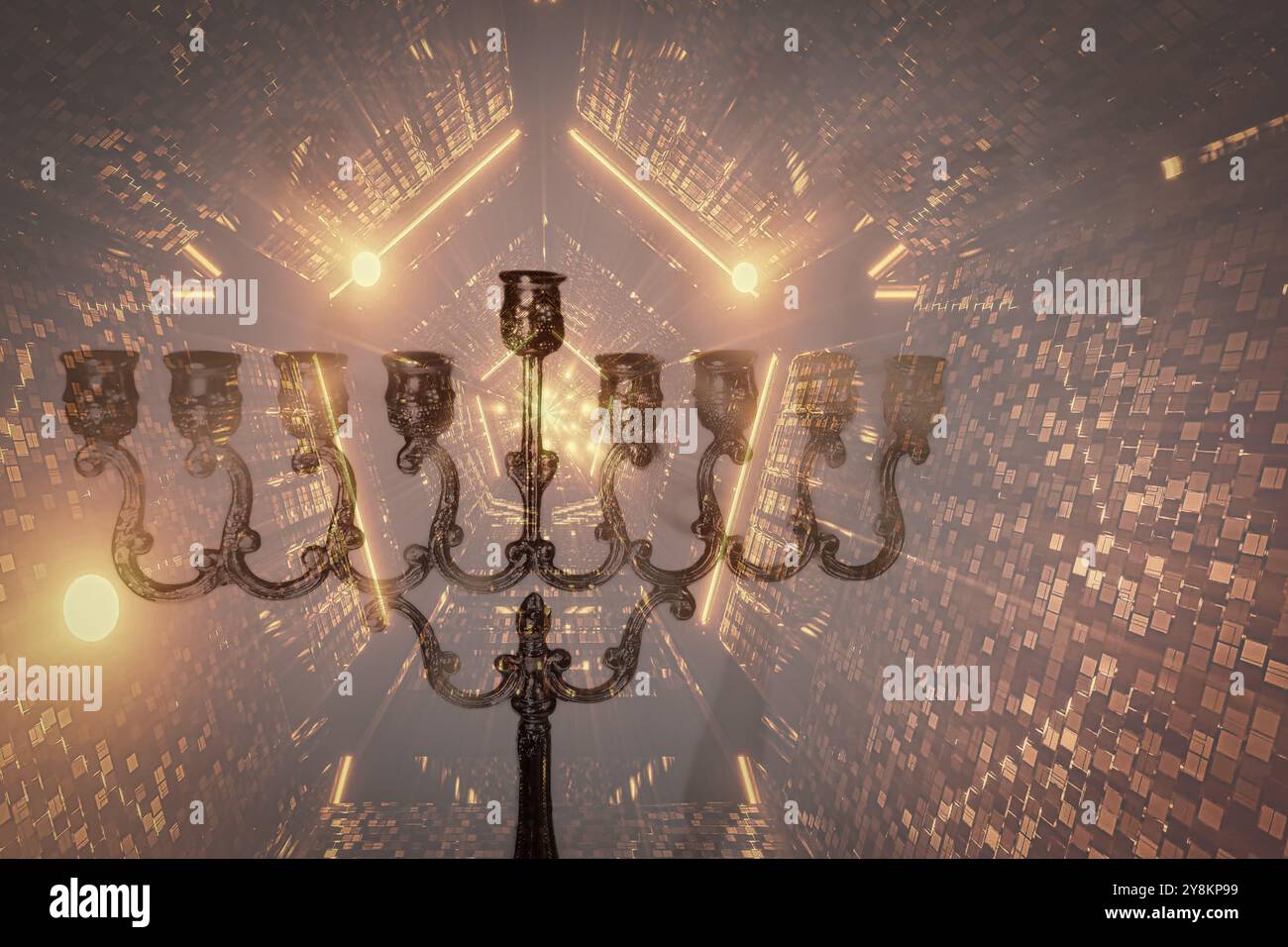 Hanukkah Menorah 9 Branch Candlestick. Portacandele Holiday. Candeliere a nove braccia. Candelabra tradizionale del Festival ebraico delle luci. Backgroun Foto Stock