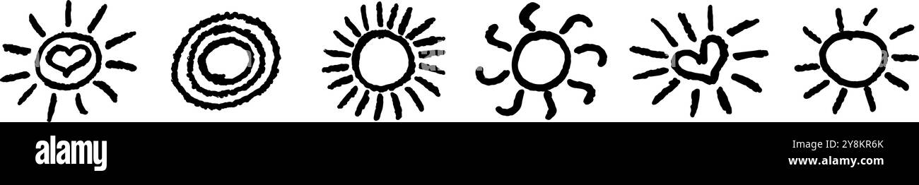 Un set di divertimento come il bambino che disegna il sole nero. Collezione dipinta con pastelli pastello o icone assolate a cera. Simboli del cielo estivo. Consistenza grezza del gesso Illustrazione Vettoriale