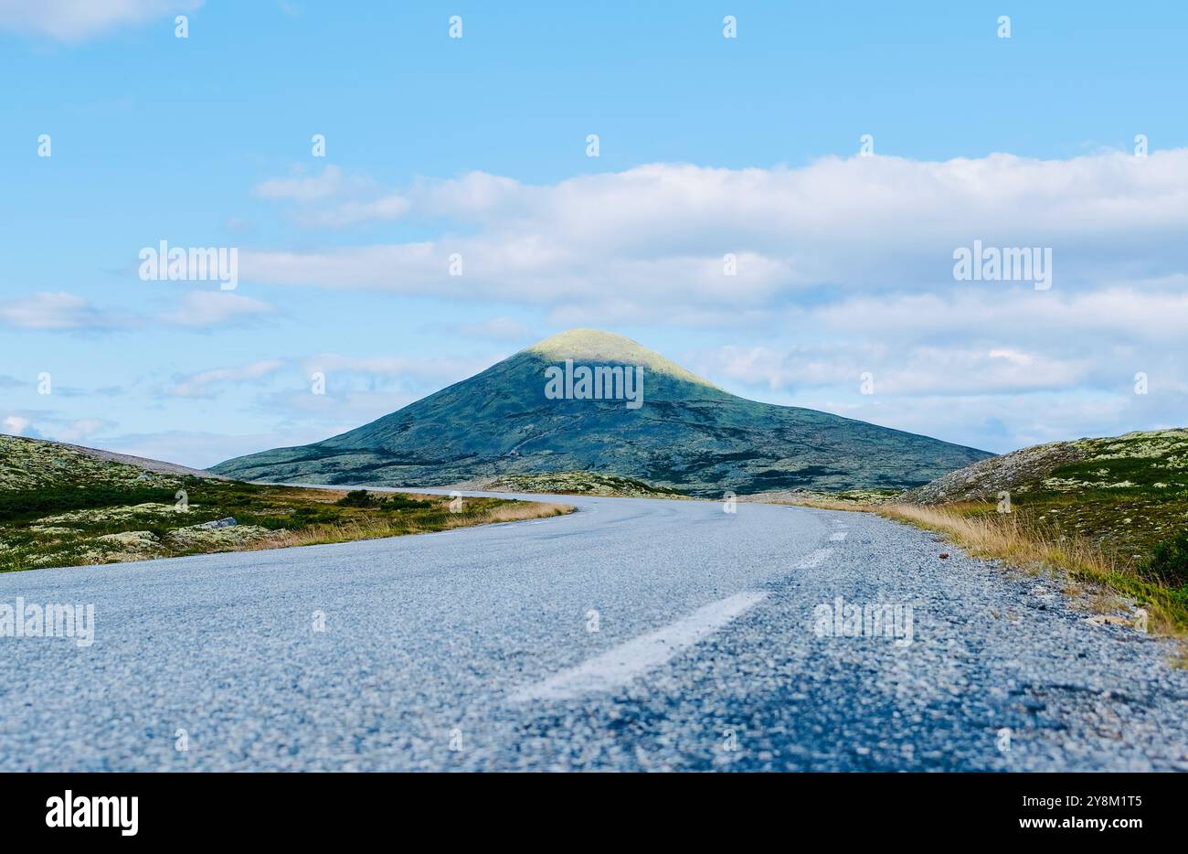 Strada incontaminata che conduce attraverso il panoramico paesaggio montuoso di Rondane, la strada panoramica norvegese Rondane. Foto Stock