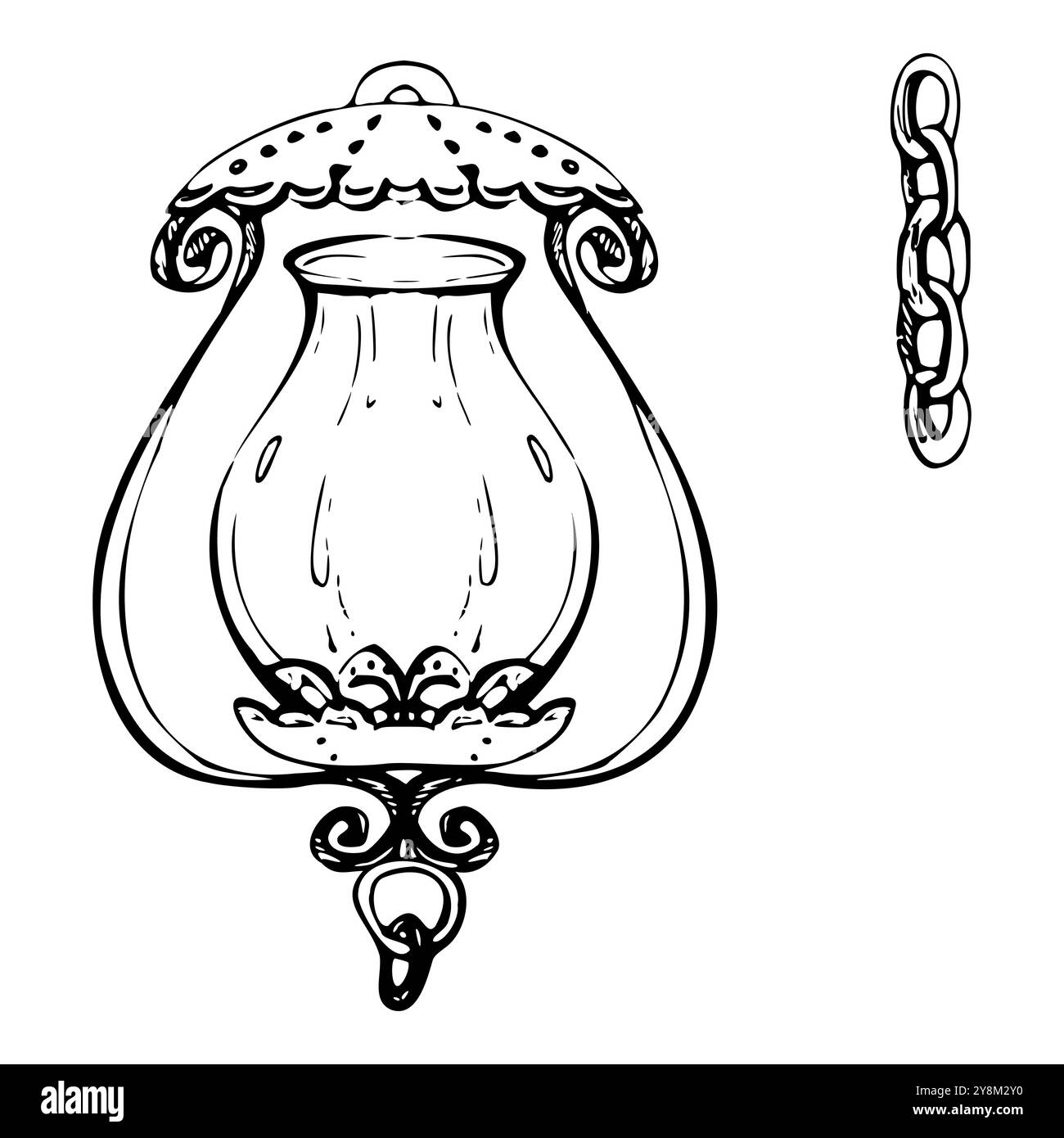 Antica lanterna vintage, lampada a gas decorata in ghisa con catena e arredi urbani. Illustrazione del vettore di inchiostro disegnato a mano. Elemento singolo Illustrazione Vettoriale