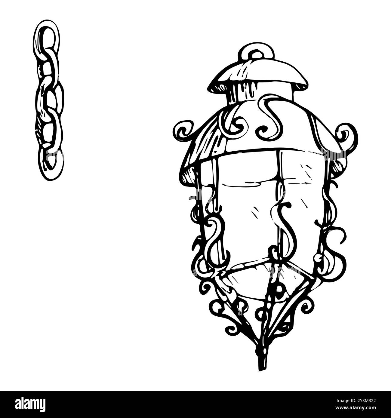 Antica lanterna d'epoca, lampada a gas decorata in ghisa con catena. Illustrazione vettoriale a inchiostro disegnato a mano, arredamento urbano. Elemento singolo Illustrazione Vettoriale