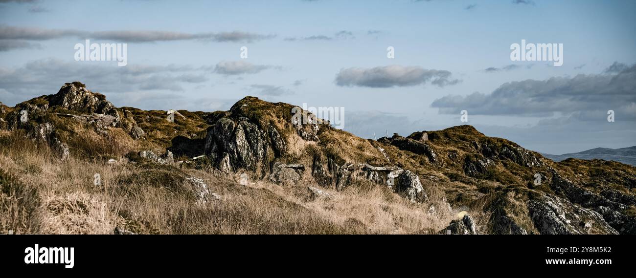 Un terreno accidentato presenta rocce sparse e erba secca, completate da alcune soffici nuvole contro un cielo blu brillante, creando un'atmosfera serena. Foto Stock