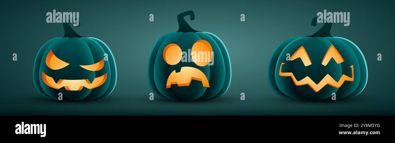 Set di zucche di Halloween, facce divertenti. Illustrazione vettoriale Illustrazione Vettoriale