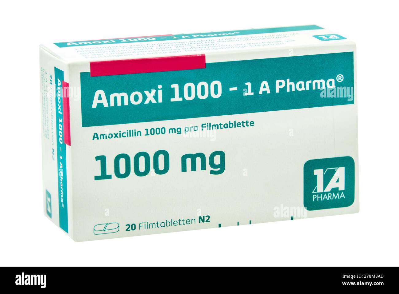 Antibiotikum Amoxi tedesco 1000 mg isolato su sfondo bianco Foto Stock