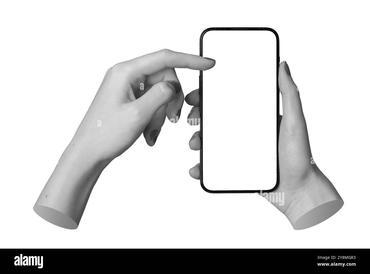 Mano di una donna con uno smartphone, scorrimento del pollice sullo schermo vuoto, isolata su sfondo bianco. Dispositivo mobile utilizzato per le aziende e gli acquisti online Foto Stock