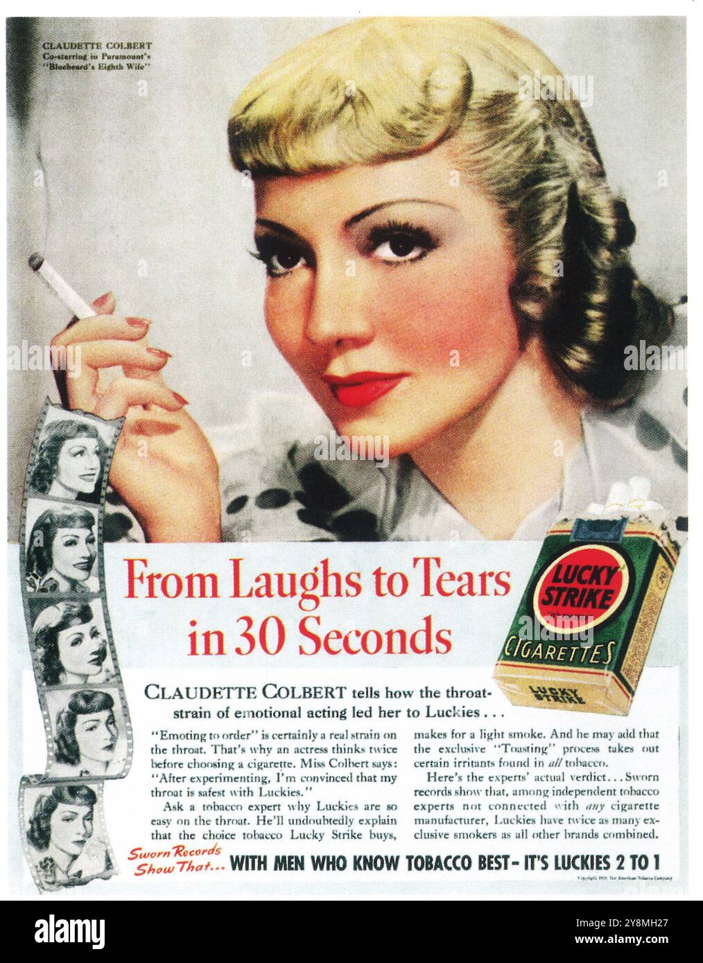 1937 sigarette Lucky Strike ad con Claudette Colbert Foto Stock