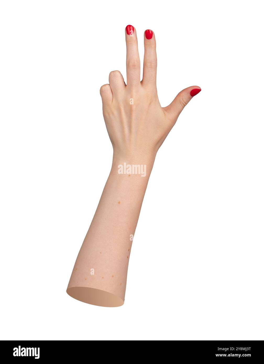 Mano di donna che mostra tre dita. Gesto isolato su sfondo bianco, che rappresenta il conteggio o il successo. Segno simbolico per la comunicazione, un moderno Foto Stock