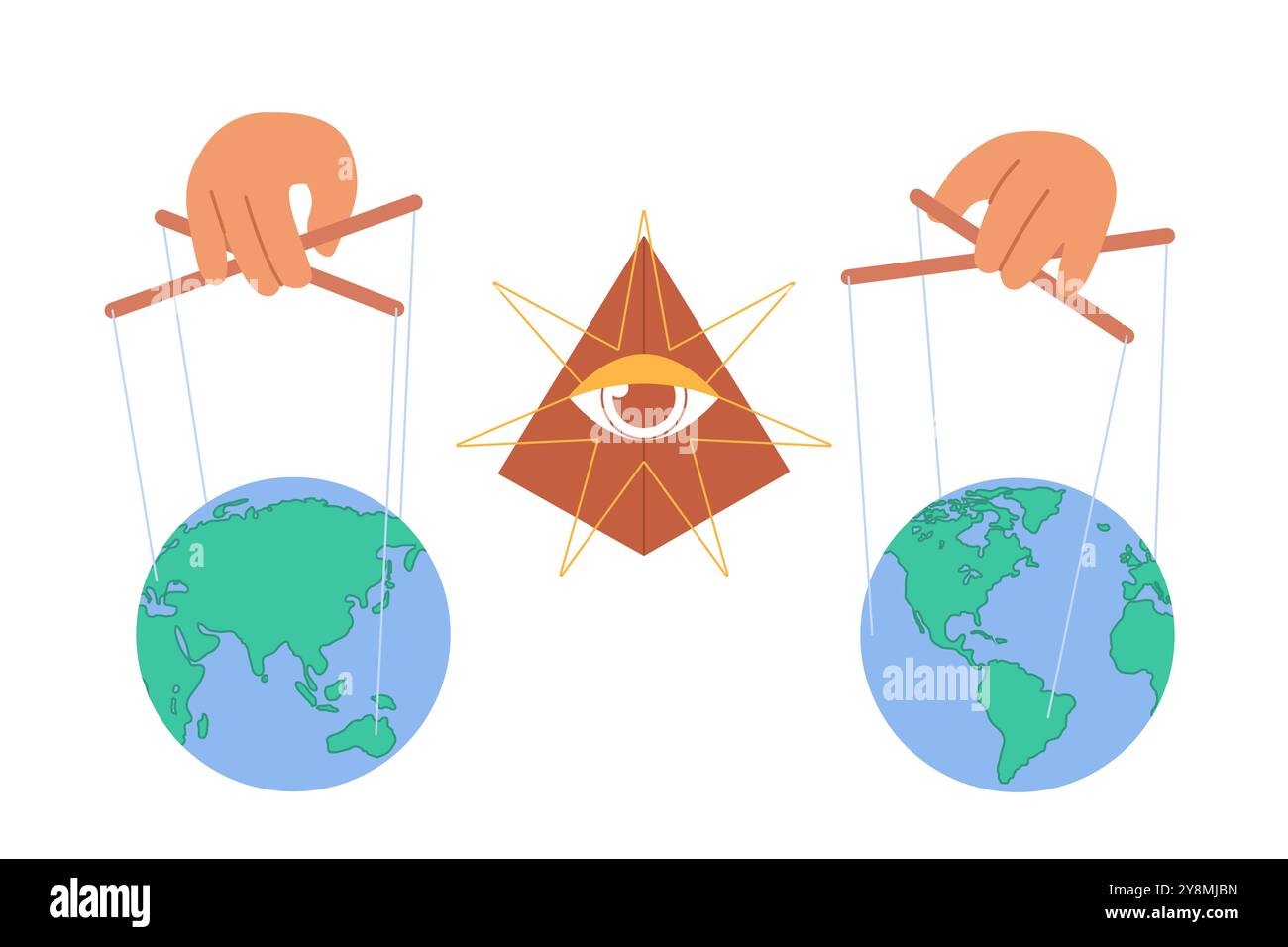 Teoria della cospirazione e idea di paranoia del governo mondiale. Il pianeta Terra appeso su marionette corde, malocchio di muratori piramidi e un gruppo d'élite di governanti controllano l'illustrazione vettoriale dei cartoni animati Illustrazione Vettoriale