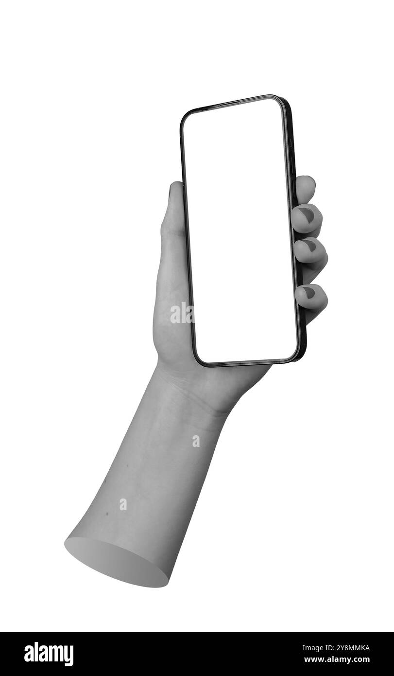 Modello di smartphone in mano a una donna con schermo vuoto, ideale per l'uso professionale o personale. Moderno modello di cellulare per la visualizzazione di applicazioni digitali Foto Stock