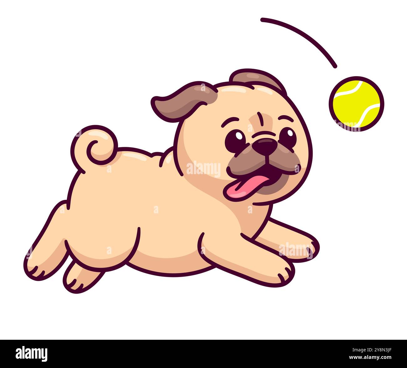 Riproduzione recupero. Divertente cartoni animati che corre dopo la palla da tennis. Simpatica illustrazione vettoriale del cane. Illustrazione Vettoriale