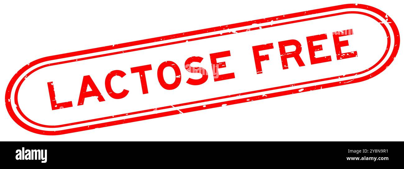 Stampigliatura con sigillo in gomma per parola senza lattosio rosso grunge su sfondo bianco Illustrazione Vettoriale