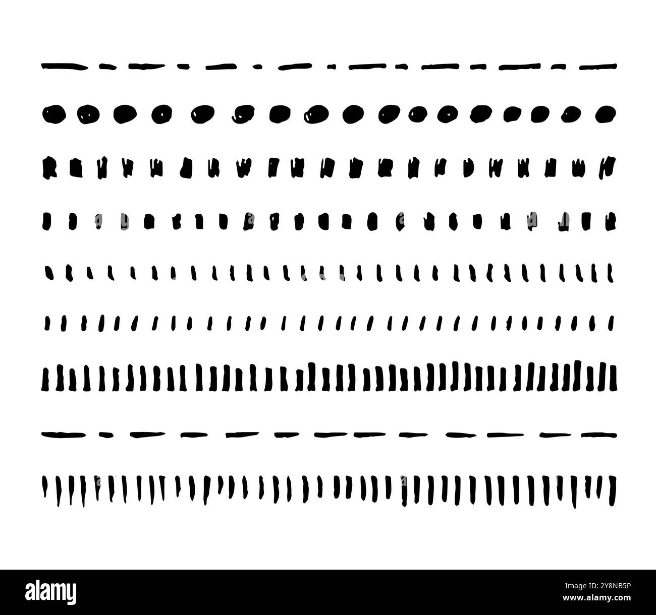 Inchiostro pennelli vettoriali disegnati a mano sotto forma di forme astratte come triangoli, cerchi, punti, trattini per la progettazione grafica, la creazione di ombre e il testo grunge Illustrazione Vettoriale