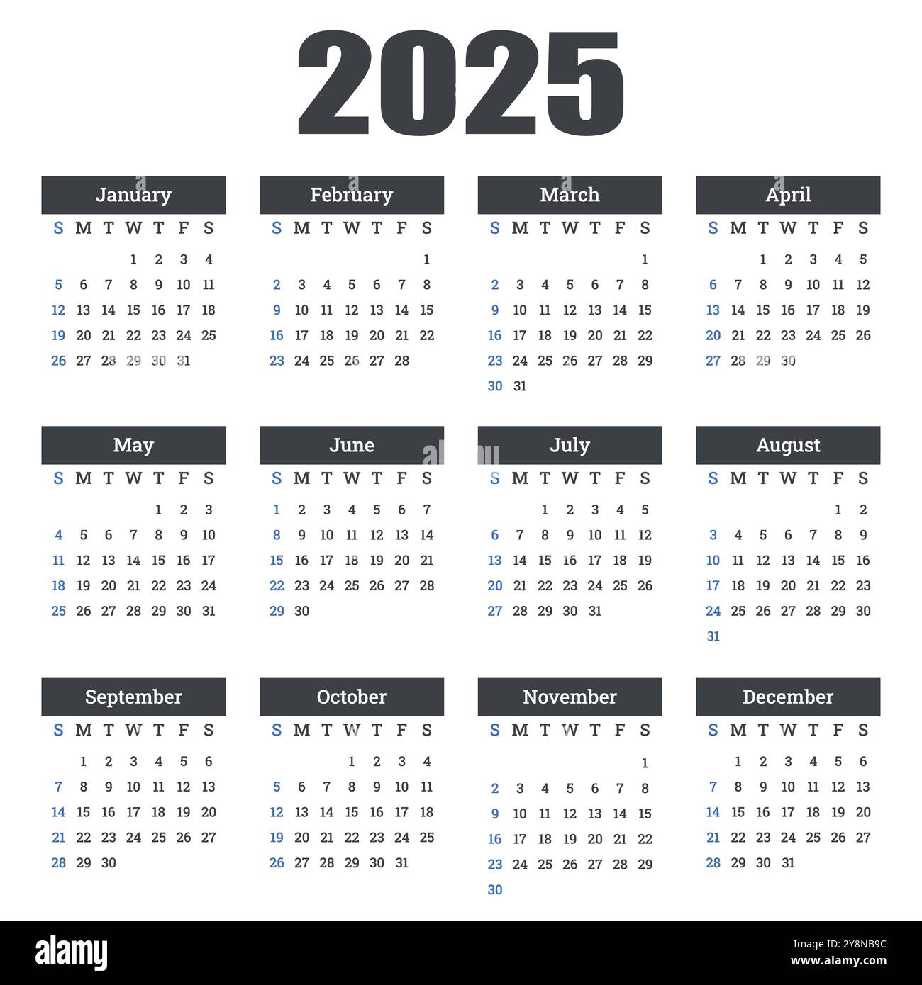 Calendario 2025, Calendario 2025 settimana inizia domenica, modello di pianificazione del design aziendale. Calendario vettoriale 2025 anni Illustrazione Vettoriale