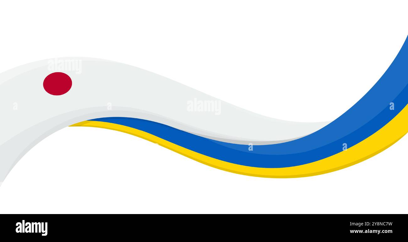 Bandiera ondulata del nastro della bandiera nazionale Ucraina con bandiera nazionale del Giappone. Simbolo di unità e cooperazione. Logo per eventi di beneficenza ed eventi sociali, iniziativa ONG Illustrazione Vettoriale