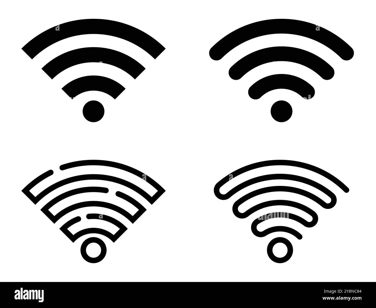Set di icone del segnale Wi-Fi. Quattro simboli di rete wireless in una semplice linea nera art. Illustrazioni vettoriali isolate su sfondo bianco. Illustrazione Vettoriale