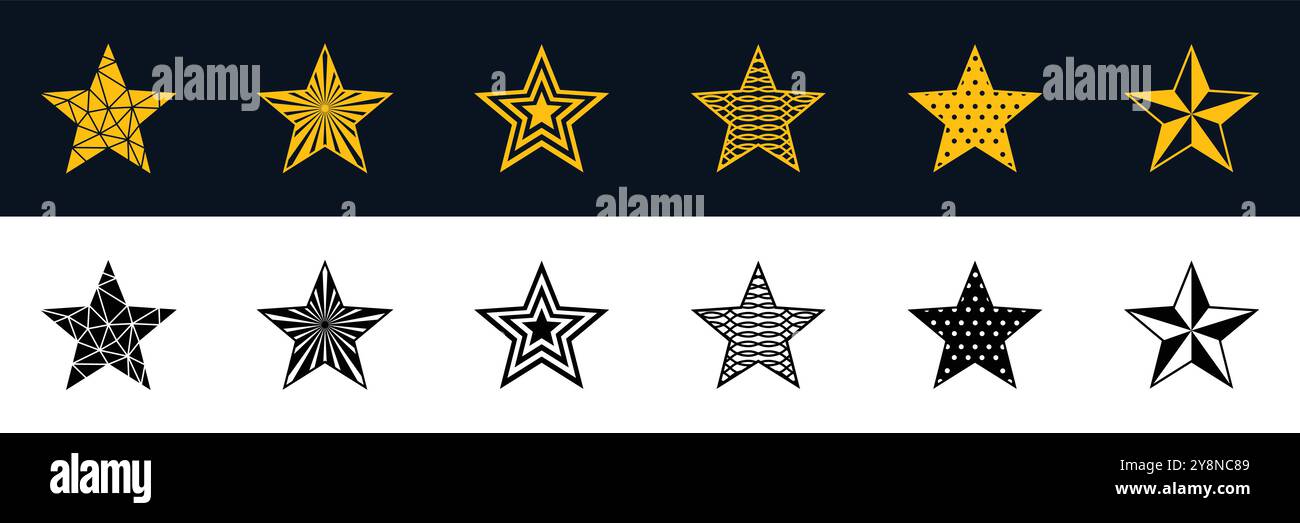 Insieme di icone a stella isolata, simboli vettoriali. Icona a stella con il logo del set vettoriale. Collezione di icone a stella. Set di stelle diverse. Illustrazione Vettoriale