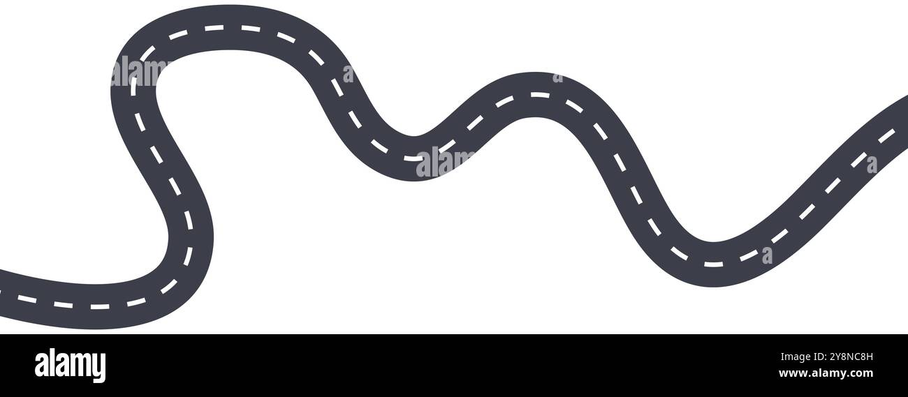 Illustrazione vettoriale strada tortuosa, icona autostrada curva, grafica stradale in bianco e nero, percorso di trasporto astratto, percorso linea tratteggiata, guida su asfalto Illustrazione Vettoriale