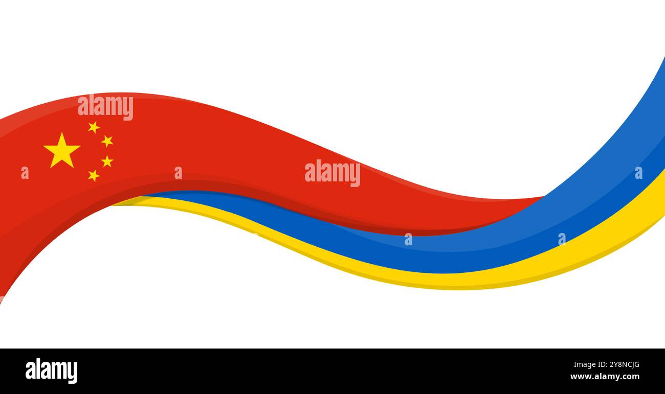 Bandiera ondulata del nastro della bandiera nazionale Ucraina con bandiera nazionale della Cina. Simbolo di unità e cooperazione. Logo per eventi di beneficenza ed eventi sociali, iniziativa ONG Illustrazione Vettoriale