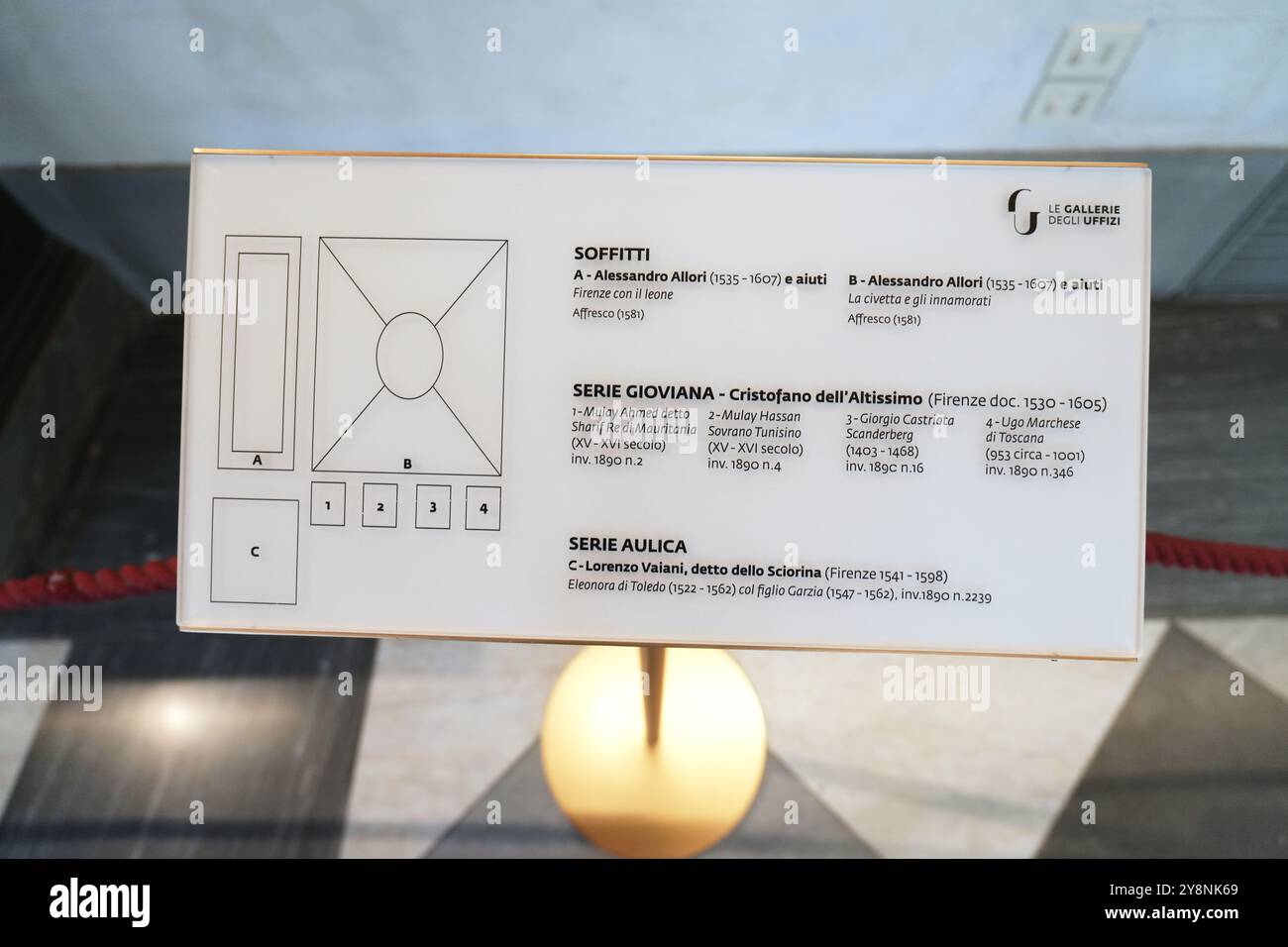 Un cartello informativo museale su un supporto in ottone descrive gli affreschi del soffitto e la serie di ritratti all'interno della Galleria degli Uffizi a Firenze, Italia. Foto Stock